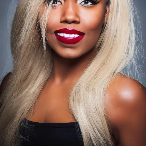 Image similar to headshot photo of a black female with blonde hair and deep red lips, intricate, elegant, highly detailed, award winning, smooth, sharp focus