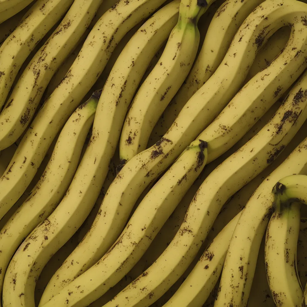 Prompt: circular fractal bananas that grow like coral, inside art nouveau with petal shape, big banana peals, and banana stems, mesh roots. closeup, hyper real, food photography, high quality