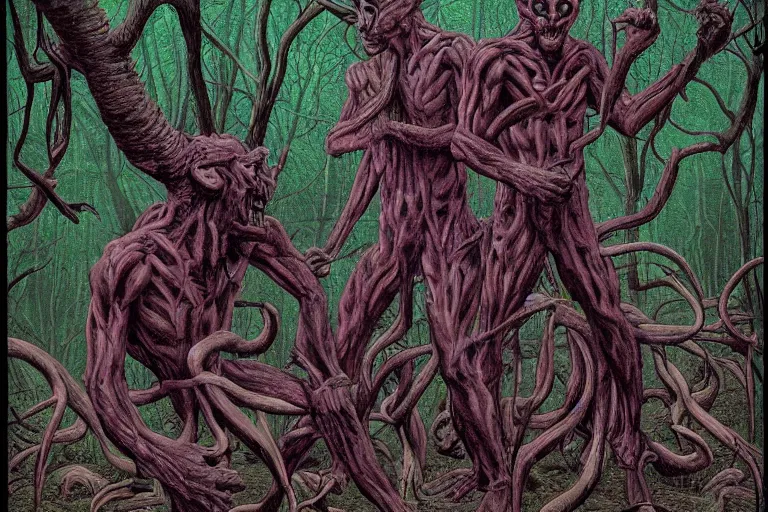 Prompt: multi headed demon in a forest in the style of wayne barlowe