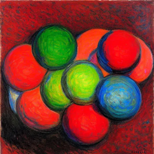 Prompt: chrome spheres on a red cube by claude monet