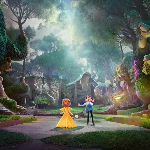 Image similar to stunning, coherent, impressive, detailed still of black family in a fantasy dream world park, follow shot, 3d, in the style of pixar, comic book style, 3d, highly detailed, sharp focus, bokeh, depth of field, 16k resolution, Unreal Engine 5, coherent, cinematic lighting, photorealistic, by Zhang Jingna