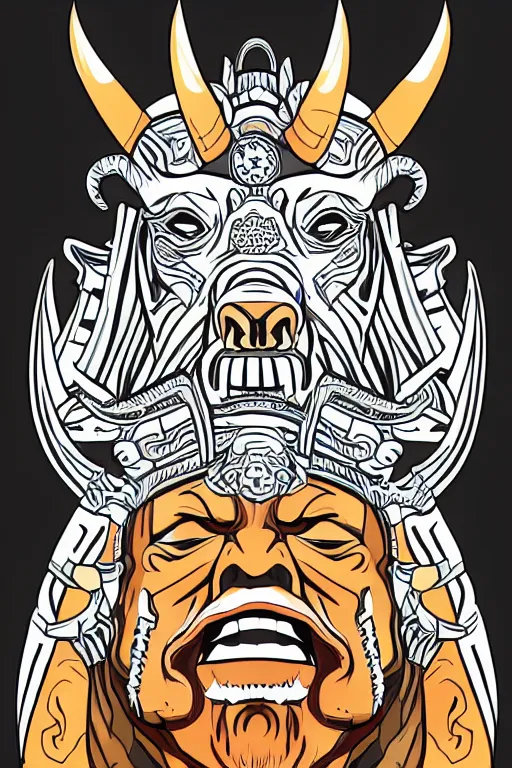 Image similar to A portrait of a bull as evil warlord general on skull throne, sticker, Anthropomorphized, portrait, highly detailed, colorful, illustration, smooth and clean vector curves, no jagged lines, vector art, smooth