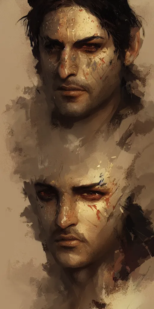 Image similar to prince of persia warrior within face portrait by greg rutkowski and craig mullins