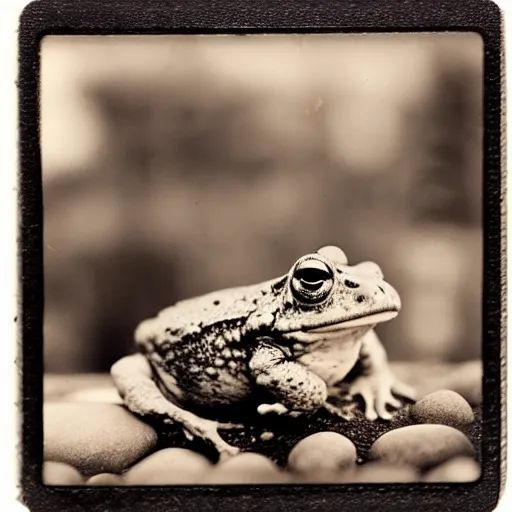 Image similar to a toad on a pile of round smooth rocks put one on another, polaroid photo, instax, white frame, by Warhol,