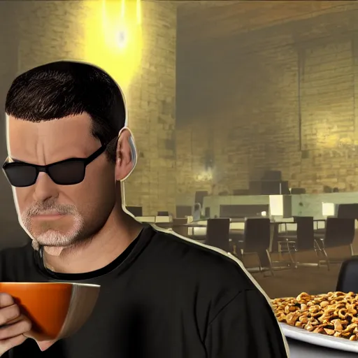 Prompt: jc denton from deus ex eats cereal at a table, liberty island, high quality, photorealistic, highly detailed face, 4 k, hd