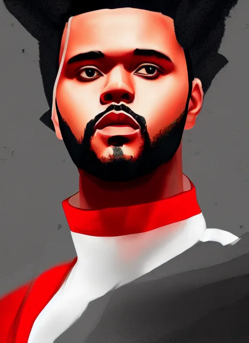 Prompt: a portrait of The Weeknd with a red suit, digital art, beautiful digital art, 4k, hd, artstation