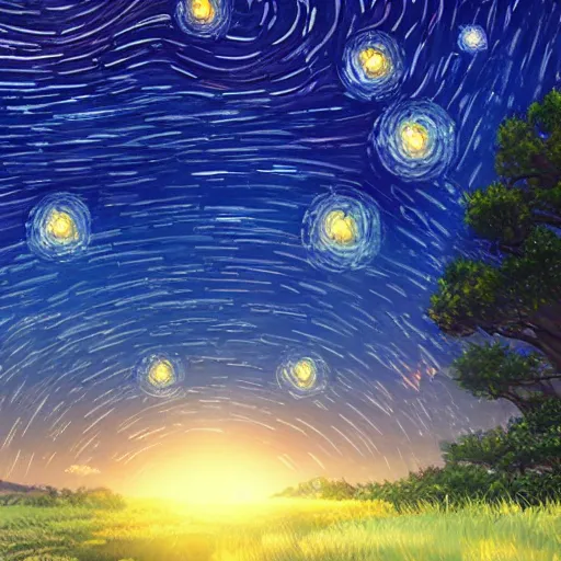 Image similar to Starry night, dreamy world, makoto shinkai, pixiv scenery art, light refraction