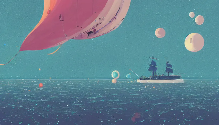 Image similar to a sailing ship in the sea with bubbles floating by inio asano, beeple and james jean, aya takano color style, 4 k, super detailed, night sky, digital art, digital painting, celestial, majestic, colorful