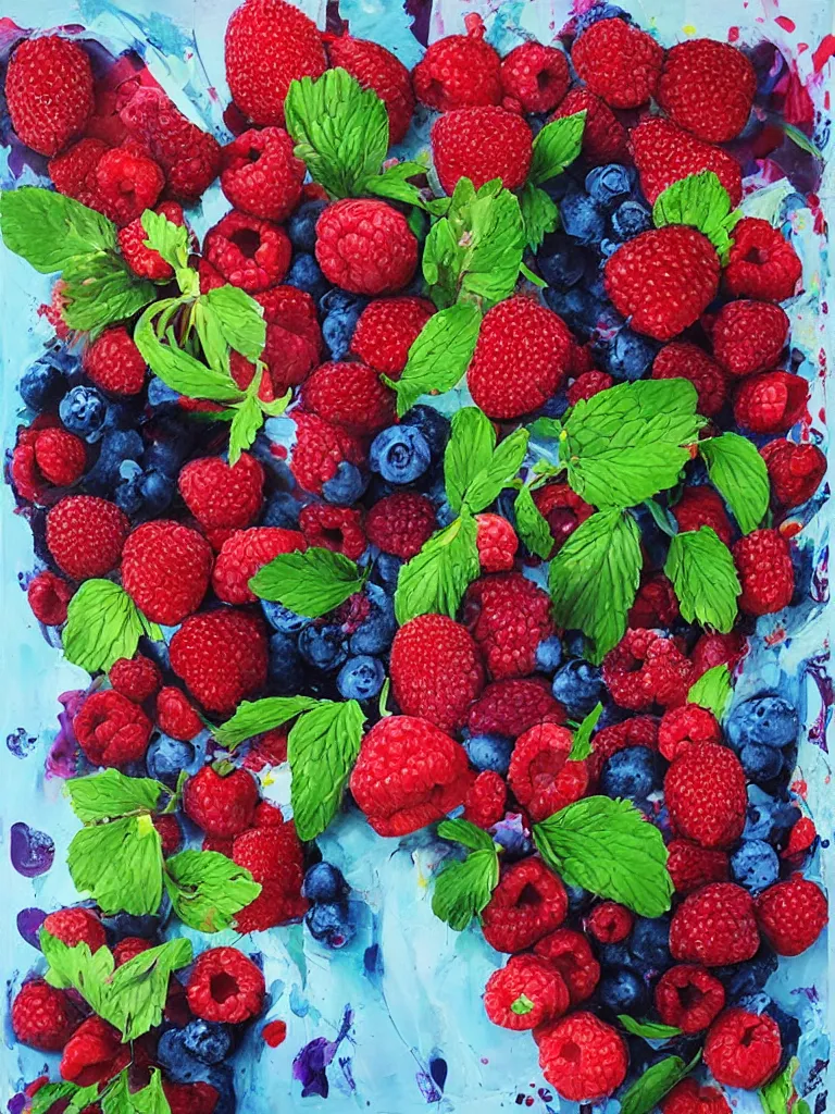 Prompt: “organic, a woman’s hands holding fresh raspberries and strawberries and blueberries, edible flowers, acrylic and spray paint and oilstick on canvas”