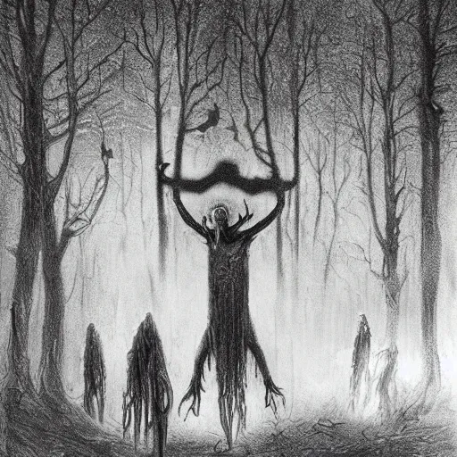 Image similar to occult sacrifice in the woods, skinwalkers involved, detailed concept art beksinski style
