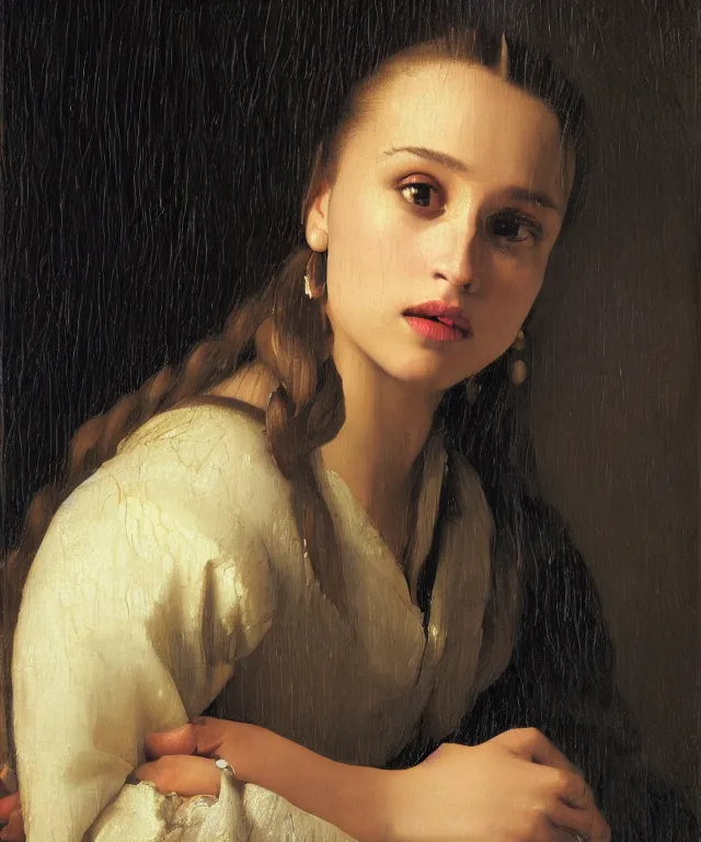 Image similar to a highly detailed, beautifully lit close portrait of a pretty, young alicia vikander resting her head on a table by an open window, oil painting portrait by vermeer and bouguereau and waterhouse