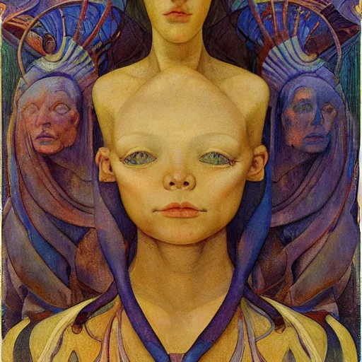 Image similar to the little android queen, by annie swynnerton and diego rivera and elihu vedder and lucien freud and jean delville, symbolist, dramatic lighting, elaborate geometric ornament, head and shoulders view, art brut, soft cool colors, smooth, sharp focus, extremely detailed, adolf wolfli, leo and diane dillon, nicholas roerich