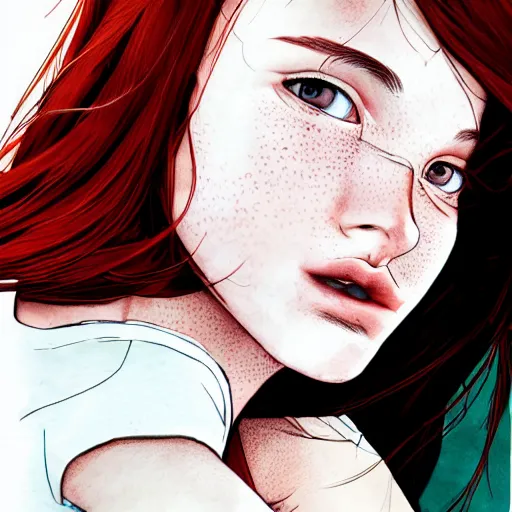 Image similar to a comic portrait of a red haired teenager girl, fine - face, realistic shaded perfect face, freckles, fine details, day setting. realistic shaded lighting poster by eric - anthony johnson and kentaro miura style, trending on art station