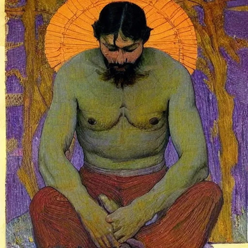 Image similar to by tom thomson, by louis rhead straight surrealism. a art installation of a man with a large head, sitting in a meditative pose. his eyes are closed & he has a serene look on his face. his body is made up of colorful geometric shapes & patterns that twist & turn in different directions.