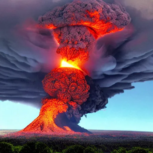 Prompt: God coming down from the sky while a Volcanoe erupts in the background, hyper realistic, HD, HQ, photo realistic, stunning