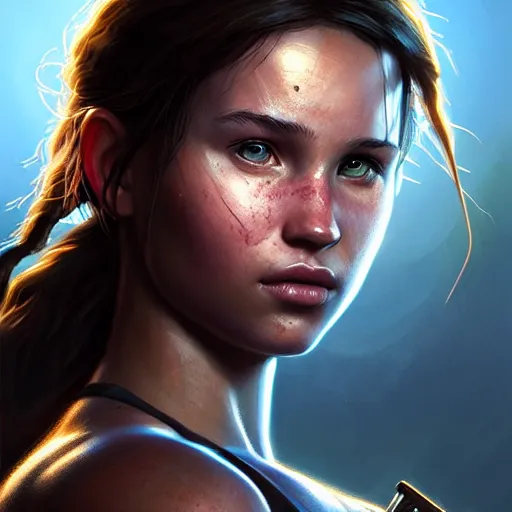 Image similar to realistic young Lara Croft portrait, atmospheric lighting, painted, intricate, volumetric lighting, beautiful, rich deep colors masterpiece, golden hour, sharp focus, ultra detailed, by Leesha Hannigan, Ross Tran, Thierry Doizon, Kai Carpenter, Ignacio Fernández Ríos