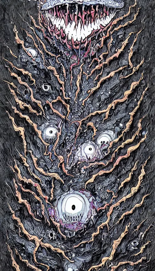 Image similar to a storm vortex made of many demonic eyes and teeth, by alex pardee