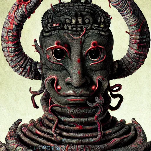 Prompt: a naraka buddhist alien demon korean, thailand art, tubular creature, blood vessels, black energy, dystopian surrealism, artstyle alex ries zdzisław beksinski, symmetry accurate features, very intricate details, high resolution, symmetrical long head, smooth marble surfaces, detailed ink illustration, metal gear, cinematic smooth stone, deep aesthetic, concept art