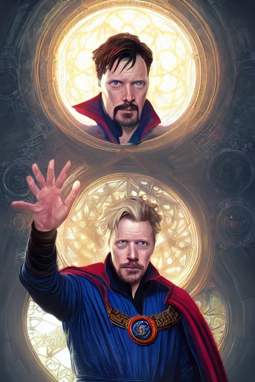 Image similar to Boris Johnson as Doctor Strange, portrait, Sanctum Sanctorum, highly detailed, digital painting, artstation, concept art, smooth, sharp focus, illustration, cinematic lighting, art by artgerm and greg rutkowski and alphonse mucha