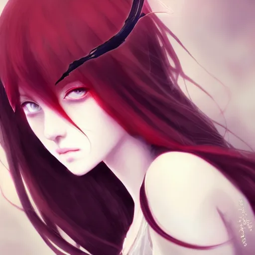 Image similar to facial portrait of a young pretty anime woman, long red hair, dark eyes, gothic eyeliner, character concept art, headshot, Charlie Bowater, Anna Dittmann, WLOP, Rumiko Takahashi, Akihiko Yoshida, Hyung-tae Kim, alexander mcqueen, trending on Artstation