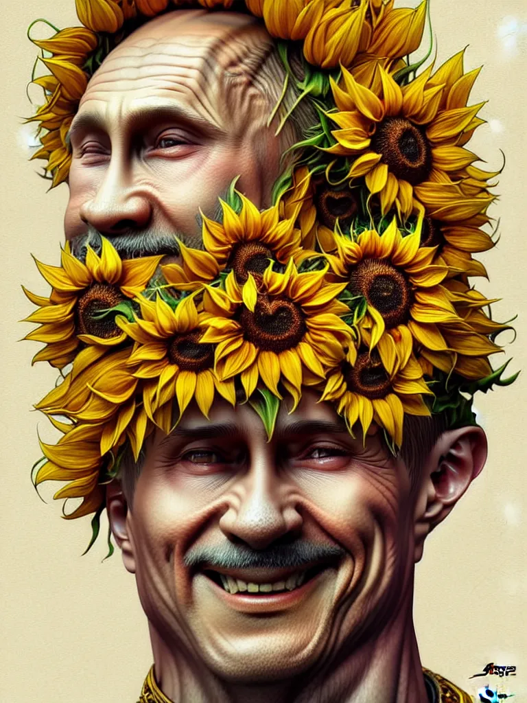 Image similar to digital art, centered full body of Putin smiling king, Sunflower crown, ,intricate, veins, by James Jean and by artgerm , by ross tran ultradetailed, charachter design, concept art, trending on artstation,