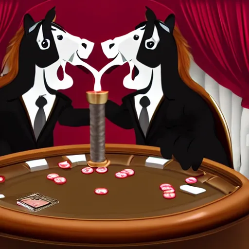 Prompt: Mafia horses smoking a cigar, playing blackjack in a nightclub