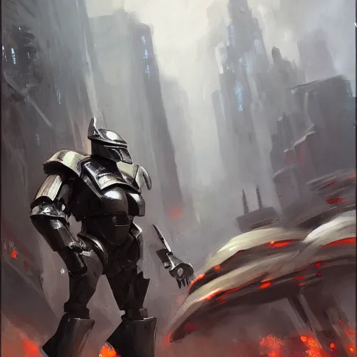 Image similar to Greg Manchess painting of a giant humanoid armour warhead juggernaut cyborg, medium shot, low angle, full body, asymmetrical, cyberpunk art, Organic Painting, storm day, Matte Painting, bold shapes, hard edges, street art, trending on artstation, by Huang Guangjian and Gil Elvgren and Sachin Teng