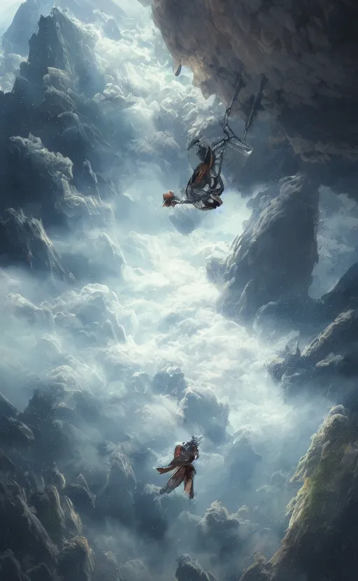Image similar to People falling from the clouds onto the earth from above to below, concept art, digital painting, trending on artstation, highly detailed, epic composition, 8k UHD