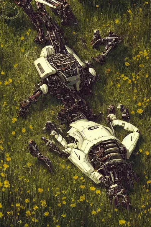 Prompt: a portrait of a broken giant mechanical robot laying in the meadow covered in plants by greg rutkowski, sung choi, mitchell mohrhauser, maciej kuciara, johnson ting, maxim verehin, peter konig, bloodborne, 8 k photorealistic, cinematic lighting, hd, high details, dramatic, dark atmosphere, trending on artstation