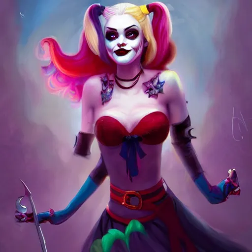 Prompt: harley quinn as an adorable vampire fairy, 8 k resolution matte fantasy painting, cinematic lighting, deviantart artstation, by lisa frank, by peter mohrbacher, by alena aenami