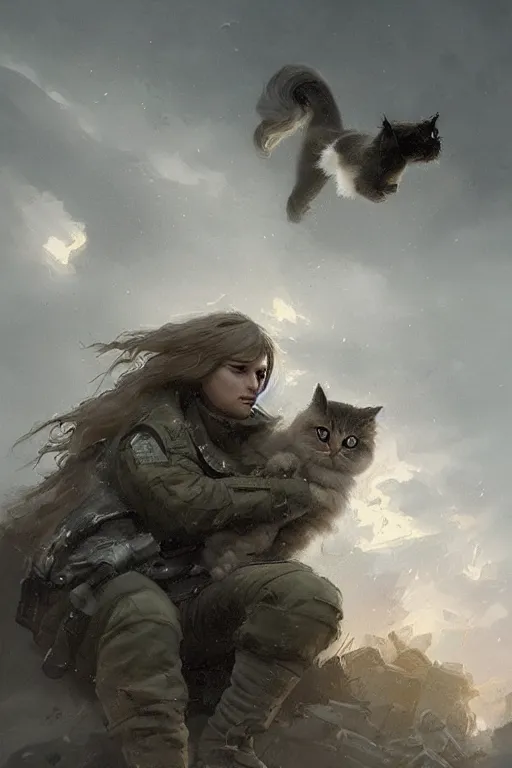 Prompt: a female sodier with a head of a british longhair cat in the war, epic scene, by greg rutkowski