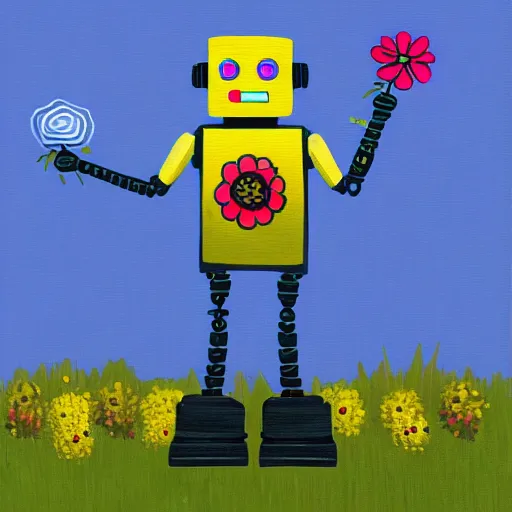 Prompt: A robot holding a flower in a garden, digital painting, hd