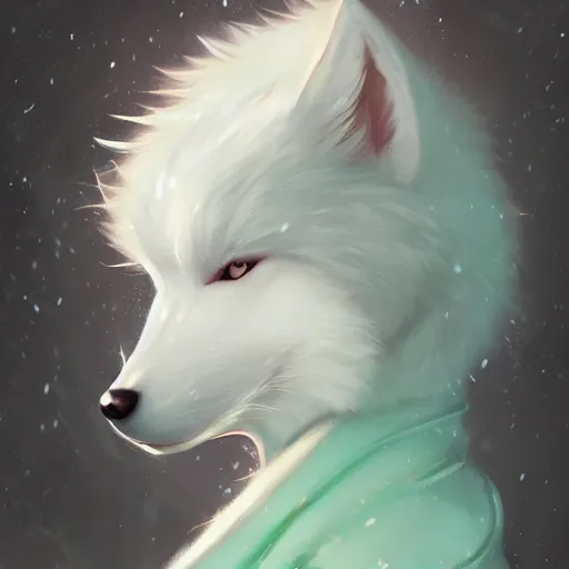 Image similar to aesthetic portrait commission of a albino male furry anthro cute wolf wearing a cute mint colored cozy soft pastel winter outfit, winter Atmosphere. Character design by charlie bowater, ross tran, artgerm, and makoto shinkai, detailed, inked, western comic book art, 2021 award winning painting