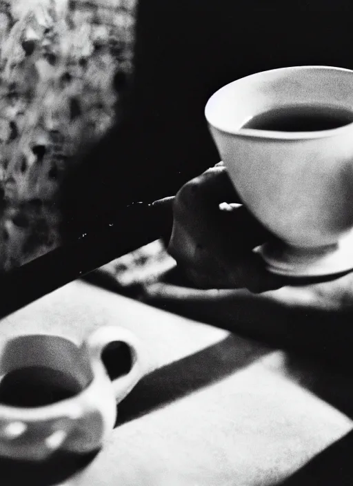 Prompt: A frame from the film 'Knitting at Home sipping some tea' directed by Salvador Dali, 70mm, forest, black and white, grainy film photography, chiaroscuro, highly detailed, masterpiece