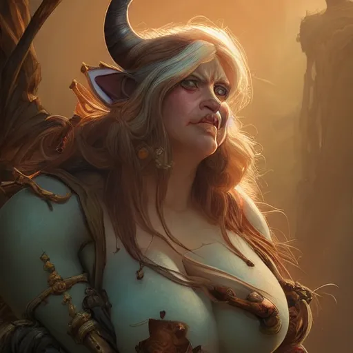 Image similar to female ogre, deep focus, d & d, fantasy, intricate, elegant, highly detailed, digital painting, artstation, concept art, matte, sharp focus, illustration, hearthstone, art by artgerm and greg rutkowski and alphonse mucha