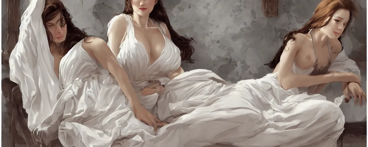 Prompt: character design, reference sheet, ancient white dress, relaxing, cute, young female, happy, beautiful, elegant, no shoes, open v chest clothes, long dark hair, concept art, photorealistic, hyperdetailed, 3d rendering! , art by Leyendecker! and constable,