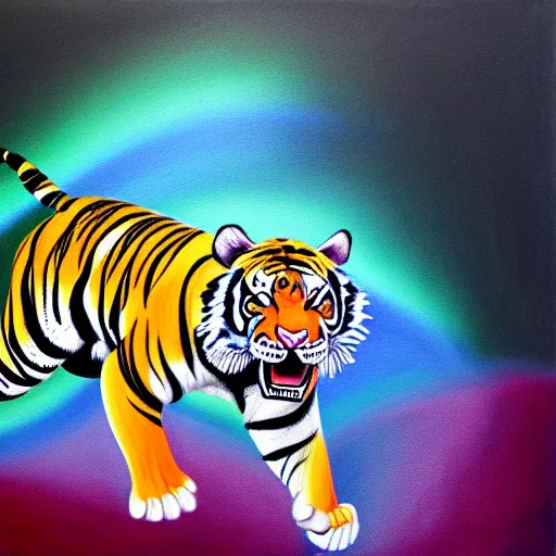 Prompt: painting of tiger running on rainbow