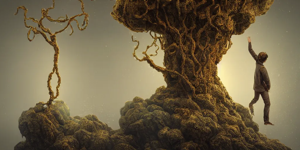 Image similar to Photorealistic intricate detailed picture of a levitating floating man made out of fungus tendrils, with arms outstretched. a gentle rising mist, an epic rocky landscape. occult photorealism, UHD, amazing depth, glowing, golden ratio, 3D octane cycle unreal engine 5, volumetric lighting, cinematic lighting, cgstation artstation concept art