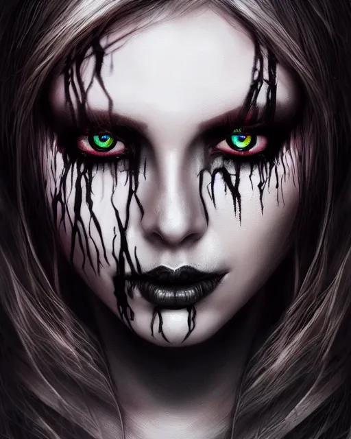 Image similar to dreamy portrait of a beautiful female personification of death with black veins and glowing eyes, ultra realistic, highly detailed, hd, sharp focus, cinematic lighting, mood lighting, realistic, photorealistic, vivid colors, painting, photograph, digital art, non blurry, sharp, artstation, concept art, smooth, illustration