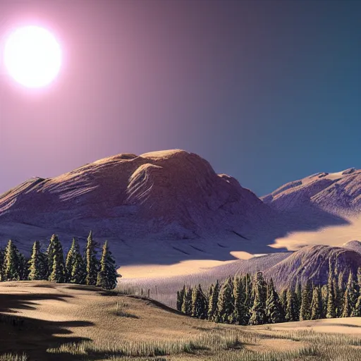 Image similar to dark solar eclipse, small in size, rocky mountains, highly detailed, photorealistic shot, bright studio setting, studio lighting, crisp quality and light reflections, unreal engine 5 quality render