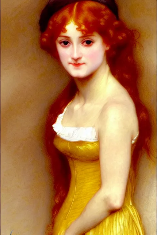 Image similar to jane austen gold red hair painting by rossetti bouguereau, detailed art, artstation