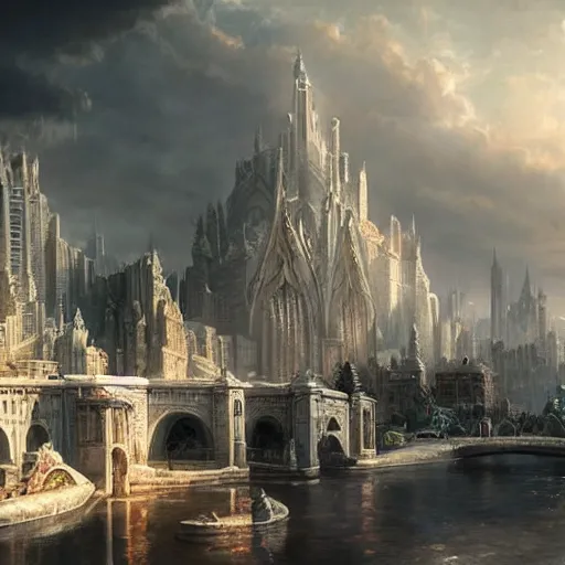 Image similar to beautiful fantasy city made from white stone and bright copper, medieval city, metropolis, magic, waterways, waterfalls, gorgeous clouds, white marble, god rays, digital art, landscape, fantasy art, octane render, ureal engine, high detail, very realistic, by greg rutkowski. by james gurney