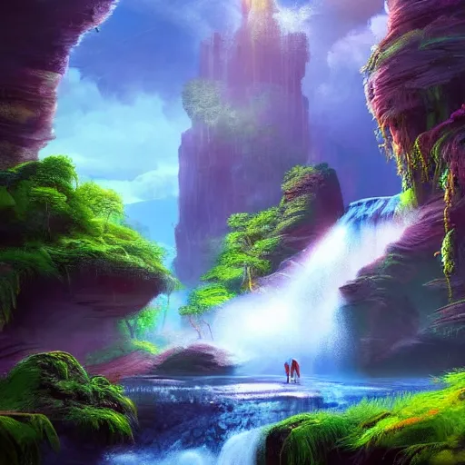 Image similar to landscape with waterfalls and stunning light and cheerful colors, epic composition, cinematic lighting, masterpiece, trending on artstation, very very detailed, masterpiece, stunning