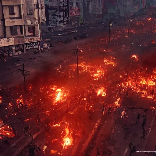 Image similar to crowded streets of manila turned hell filled with poverty, beggars and crime, demonic, hell, burning, suffering, depressing image, unreal engine, artstation hd