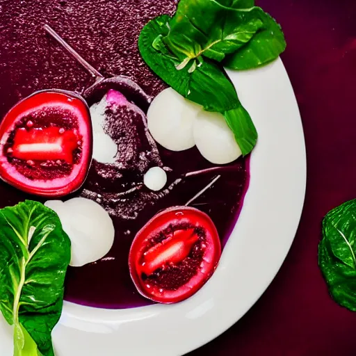 Prompt: mazamorra morada, garnish, trendy, elegant, michelin worthy, food photography, 4 k