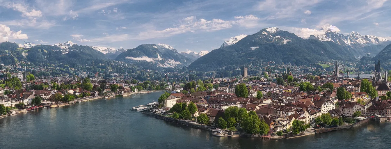 Image similar to Photo of Zurich, looking down the river at the lake and the alps, Hardturm, Grossmünster, wide angle, volumetric light, hyperdetailed, mountain water, artstation, cgsociety, 8k