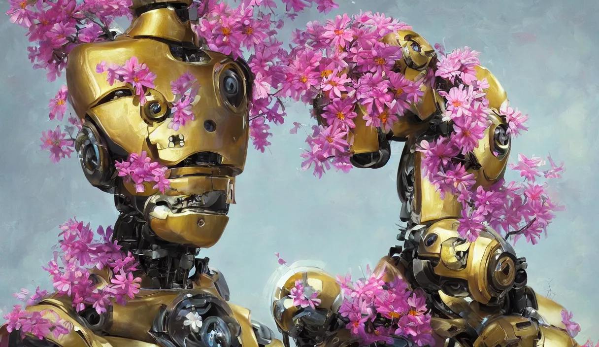 Prompt: A robot with flowers painting a beautiful artwork of himself, oil painting, digital art trending on artstation