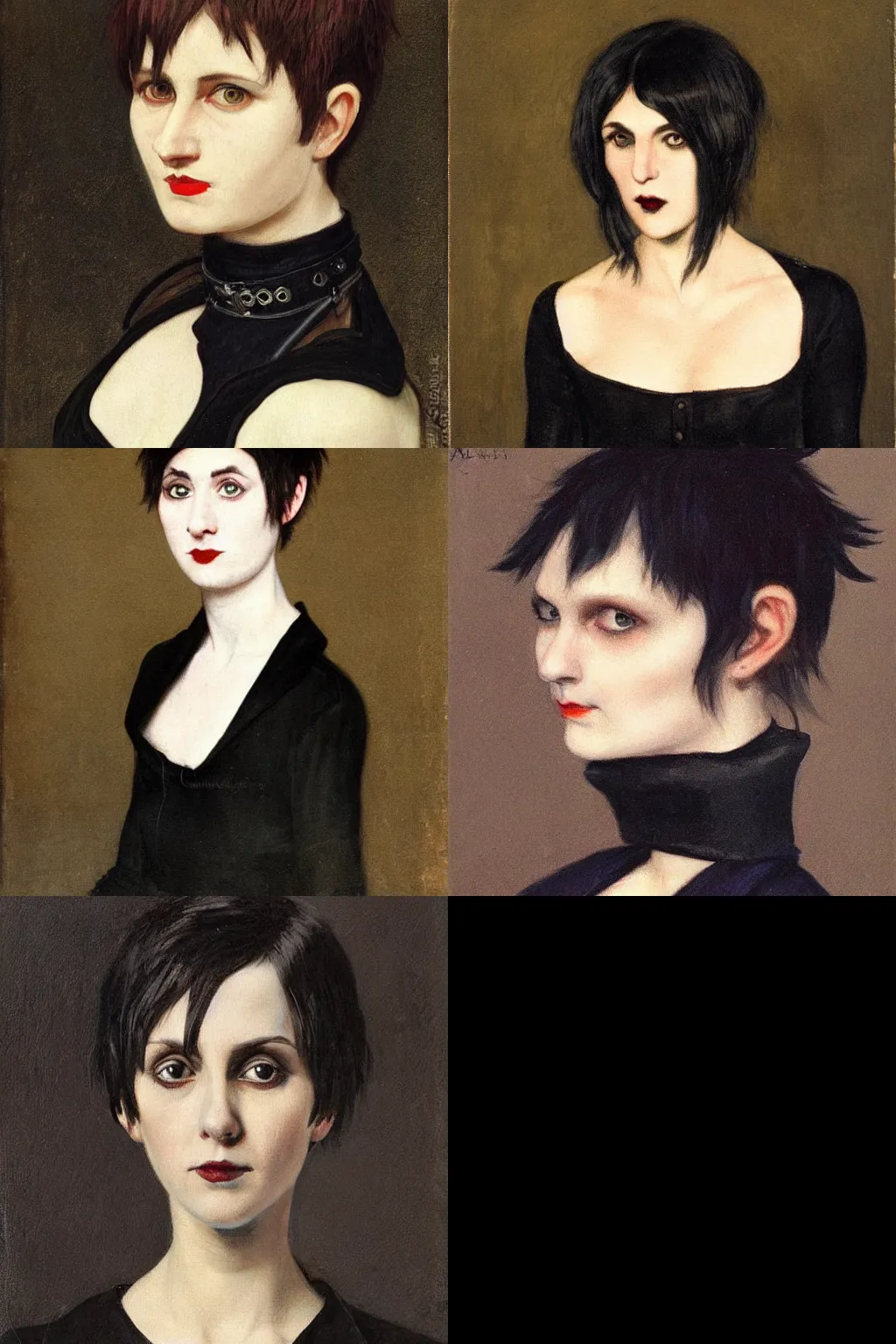 Prompt: goth painted by albrecht anker. high - quality character portrait. short dark brown messy pixie haircut, large black eyes, slightly rounded face, pointed chin, small nose, black tank top, black leather jacket, black knee - length skirt, black choker.