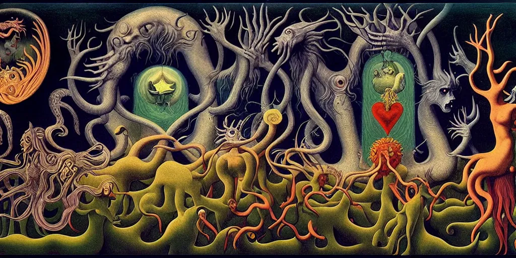 Image similar to mythical creatures and monsters in the visceral heart imaginal realm of the collective unconscious, in a dark surreal painting by johfra, mc escher and ronny khalil