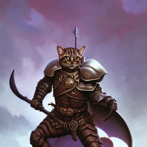 Image similar to ( ( ( full length portrait of a dark tabby tabaxi paladin, halberd, plate armor ) ) ), d & d, tyler jacobson, greg rutkowski, frank frazetta, alexandre chaudret, boris vallejo, michael whelan, miro petrov, magali villeneuve, donato giancola